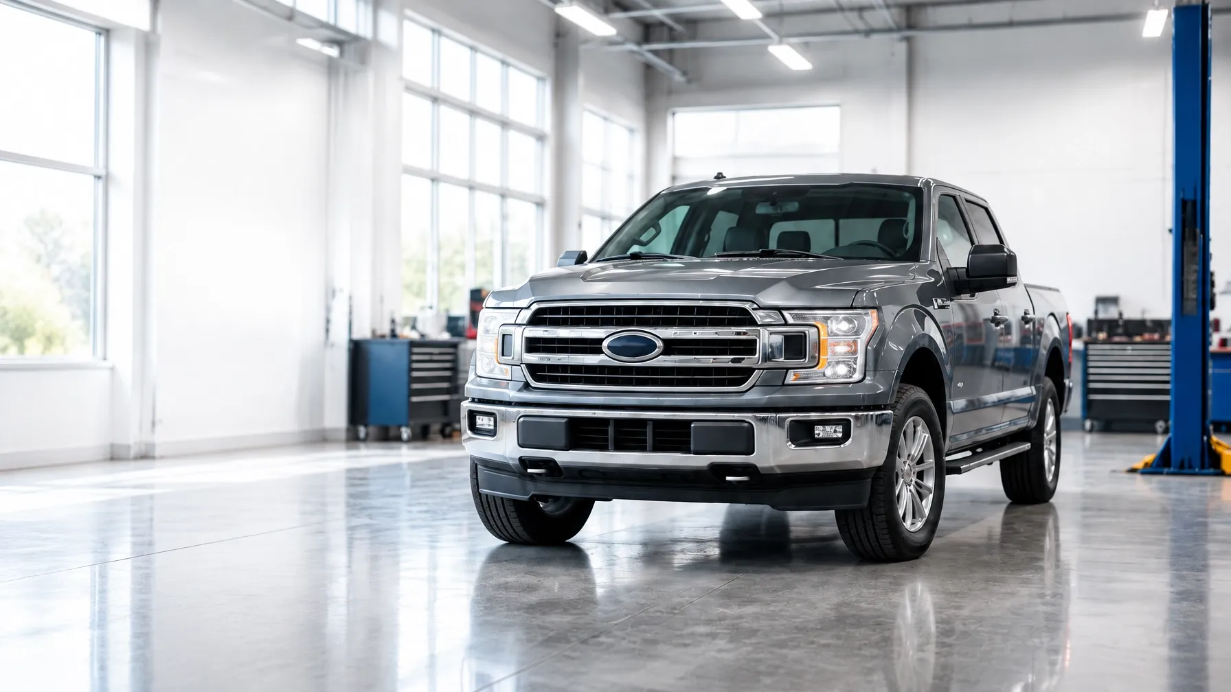 Pickup truck in a bright repair garage